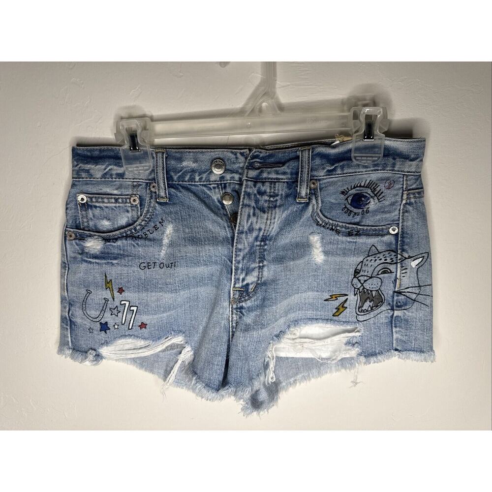American‎ Eagle Shorts Womens 4 Vintage Jean Denim Artwork Graffiti Distressed